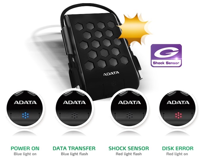 هارد اکسترنال 1 ترابایت ADATA HD720 به سنسور تشخیص شوک مجهز است.